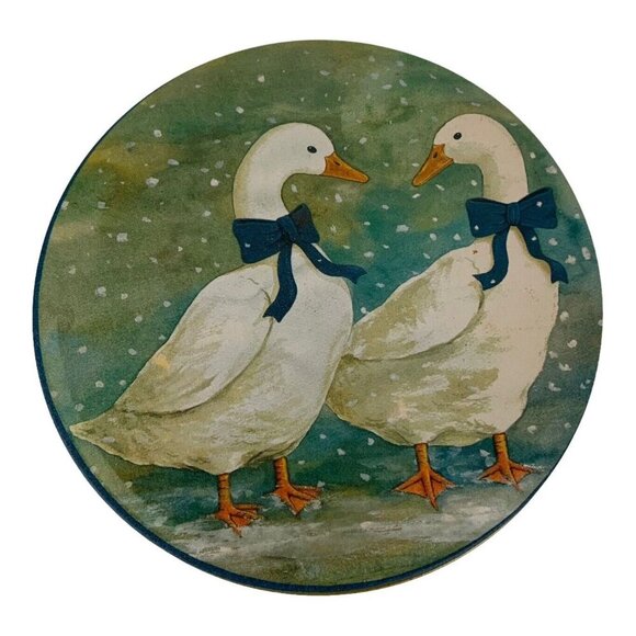 Vintage 1980s Round Winter Geese Tin With Blue Bows For Cookies & Biscuits - Picture 1 of 7